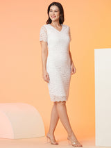 Women's Opaque Stretchable Floral Lace Midi Bodycon Party Dress