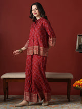 Women's Maroon Collared Neck Gold Foil Bandhani Print Shirt with Palazzos Fusion Co-Ord Set