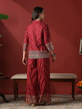 Women's Maroon Collared Neck Gold Foil Bandhani Print Shirt with Palazzos Fusion Co-Ord Set