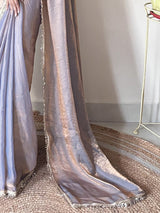 Women's Paper Silk Grey Embellished Designer Saree with Blouse Piece