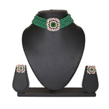 Women's Rose Gold Plated CZ Square Shaped Choker Necklace Set with Green Beads