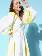 Women's Yellow Casual Regular Fit Printed Full Sleeves Dress