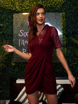 Women's Red Party Regular Fit Embellished Half Sleeves Dress