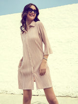 Women's Beige Casual Regular Fit Solid Three Quarter Sleeves Dress