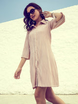 Women's Beige Casual Regular Fit Solid Three Quarter Sleeves Dress