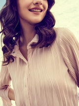 Women's Beige Casual Regular Fit Solid Three Quarter Sleeves Dress