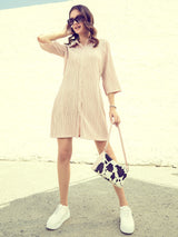 Women's Beige Casual Regular Fit Solid Three Quarter Sleeves Dress