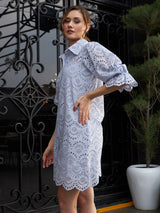 Women's Blue Casual Regular Fit Solid Three Quarter Sleeves Eyelet Dress