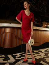 Women's Red Party Regular Fit Solid Half Sleeves Dress