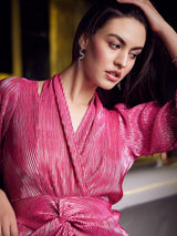 Women's Pink Party Regular Fit Solid Three Quarter Sleeves Dress