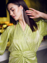 Women's Green Party Regular Fit Embellished Three Quarter Sleeves Dress