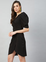 Women's Black Work Regular Fit Solid Half Sleeves Dress
