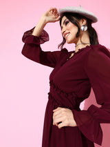 Women's Red Casual Regular Fit Solid Full Sleeves Dress