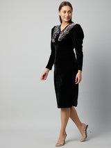 Women's Black Party Regular Fit Embellished Full Sleeves Dress