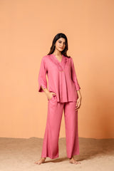Women's Pink Color Pleated Front Rayon Co-Ord Set