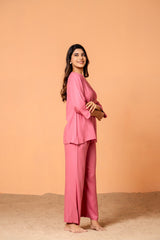 Women's Pink Color Pleated Front Rayon Co-Ord Set
