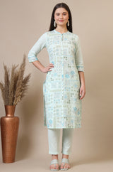 Women's Light Blue Geometric Printed Straight Cotton Blend Kurta and Pants