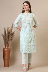 Women's Light Blue Geometric Printed Straight Cotton Blend Kurta and Pants