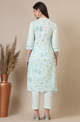 Women's Light Blue Geometric Printed Straight Cotton Blend Kurta and Pants