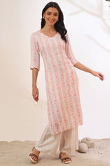 Women's Beige Striped Floral Printed Straight Cotton Blend Kurta With Trousers