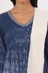 Women's Blue Abstract Tie-Dye Thread Work Flared Cotton Kurta with Palazzo and Dupatta