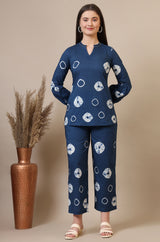 Women's Blue Geometric Tie And Dye Straight Cotton Top And Pant Co-ord Set