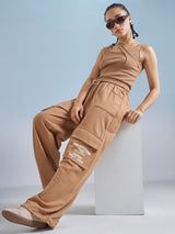 Women's Brown Casual Printed Regular Fit Sleeveless Top