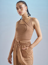 Women's Brown Casual Printed Regular Fit Sleeveless Top