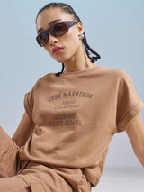 Women's Brown Casual Printed Regular Fit Half Sleeves Tshirt