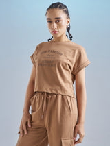 Women's Brown Casual Printed Regular Fit Half Sleeves Tshirt