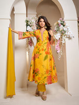 Women's Couture Yellow Floral Printed Flared Anarkali Kurta with Palazzo & Dupatta