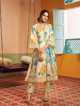 Women's Couture Beige Multi Blue Yellow Floral Printed Kurta Set