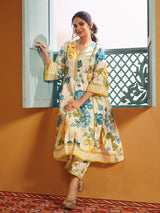 Women's Couture Beige Multi Blue Yellow Floral Printed Kurta Set