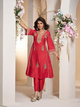 Women's Couture Red colour Embroidered Anarkali Flared Kurta with Palazzos