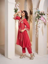 Women's Couture Red colour Embroidered Anarkali Flared Kurta with Palazzos