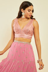 Women's Peach Net Sequin Embellished V-Neck Back-Open Sleeveless Blouse