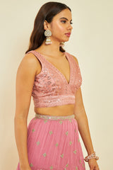 Women's Peach Net Sequin Embellished V-Neck Back-Open Sleeveless Blouse
