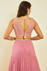 Women's Peach Net Sequin Embellished V-Neck Back-Open Sleeveless Blouse