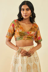 Women's Mustard Tussar Sequin Embroidered V-Neck Back-Open Blouse