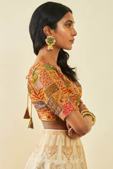 Women's Mustard Tussar Sequin Embroidered V-Neck Back-Open Blouse