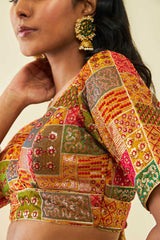Women's Mustard Tussar Sequin Embroidered V-Neck Back-Open Blouse