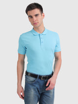 Mens Blue Casual Slim Fit Solid Half Sleeves Tshirt