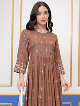 Women's Brown Embroidered Regular Fit Three Quarter Sleeves Dress