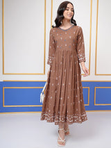 Women's Brown Embroidered Regular Fit Three Quarter Sleeves Dress