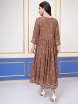 Women's Brown Ethnic Embroidered Regular Fit Three Quarter Sleeves Dress