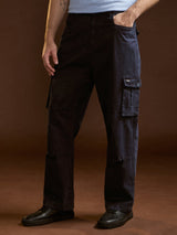 Men's Blue Casual Straight Fit Solid Cargo