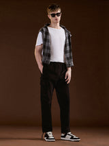 Men's Black Casual Straight Fit Solid Cargo