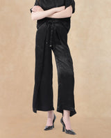 Women's Colet Black Polyester Fabric Tie-Up Closure Wide Leg Fit Plain Ankle Length Trousers