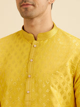 Men's Yellow Ethnic Relaxed Fit Embroidered Full Sleeves Kurta Set