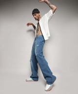 Men's Light Blue Asymmetrical Stitch Jeans